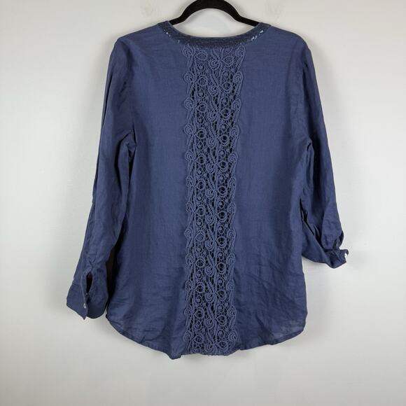 Chico's Linen Top Women 1 US M Blue Sequin Button Up Roll Tab Crochet Beach Boho - Picture 7 of 9